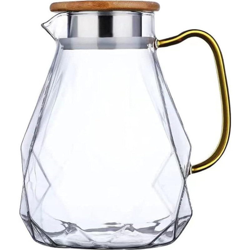 HEMOTON 2,2 l stiklinis ąsotis iš borosilikatinio stiklo su mediniu dangteliu, skirtas šaltam vandeniui, arbatai, sultims ir kokteiliams, idealiai tinkantis šaldytuvui ir stalui