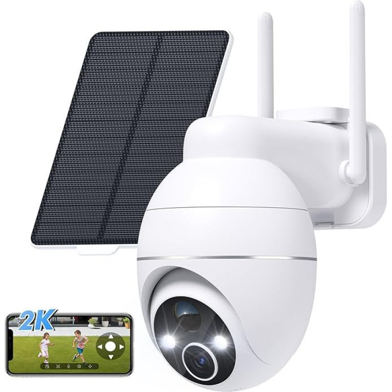2K lauko stebėjimo kamera, saulės baterija, belaidė 2,4 GHz WLAN lauko kamera, 360° PTZ stebėjimo kamera lauke, spalvotas naktinis matymas, PIR aptikimas, dvipusis garsas IP66 (balta)
