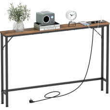 VEDECASA 5,9 colio plonas konsolinis staliukas su įkrovimo stotele, pramoninio dizaino, šoninis staliukas, modernus sofos staliukas su tvirtu plieniniu rėmu, skirtas svetainei, prieškambariui, biurui (Vintage Brown, 120 D x 15 W x 80