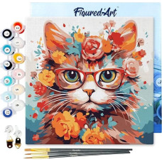 Figured'Art Mini Paint by Numbers Adults with Frame 20 x 20 cm Small Format - Fantasy Cat and Flowers - Paint by Numbers Craft DIY Craft Set Canvas Stretched on Wooden Frame