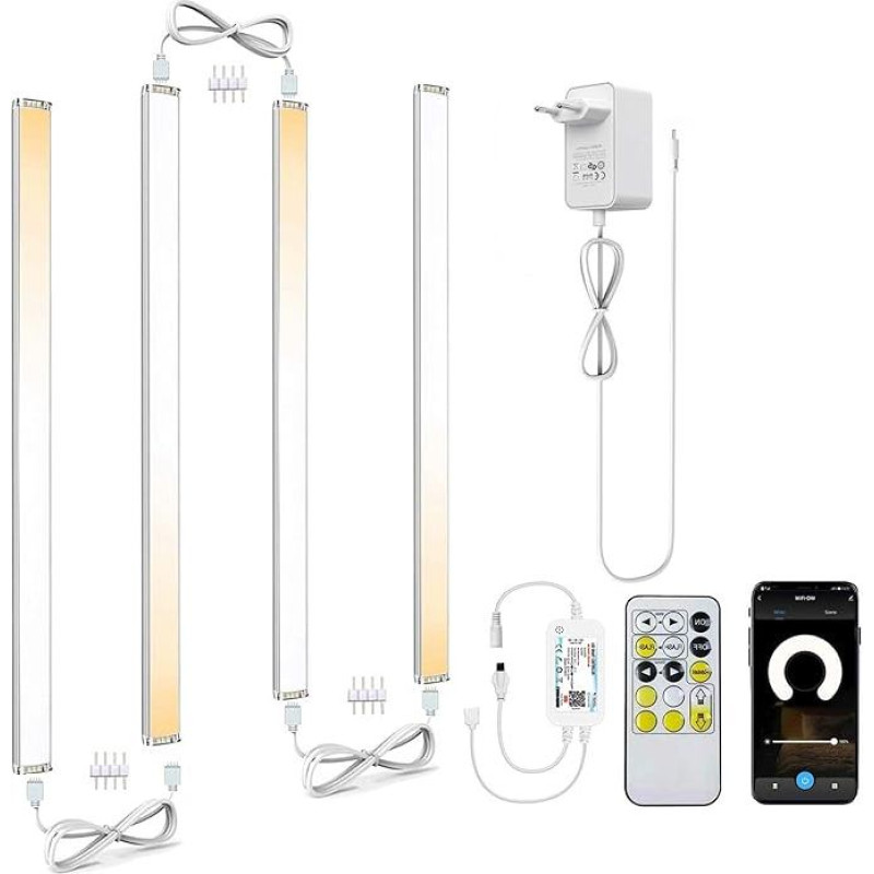 4 vnt. 30 cm juostos LED kabineto šviesos montavimo rinkinys su nuotolinio valdymo pulteliu, skirtas apšvietimui pagal patalpų šviesą, keičiantis spalvą, reguliuojamas ryškumas su 