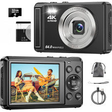 Skaitmeninis fotoaparatas 4K 64MP, 2,8 colio UHD automatinio fokusavimo fotoaparatas, 32GB kortelė ir baterija, 16X skaitmeninis priartinimas, įkraunamas nešiojamas kompaktiškas fotoaparatas vaikams pradedantiesiems paaugliams
