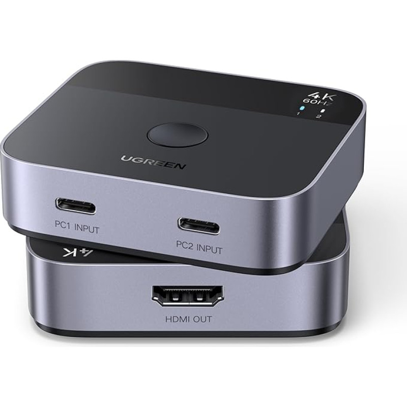 UGREEN 2 in 1 Out Switch 2 USB-C In 1 HDMI Out 4K @ 60Hz 2 PC 1 monitoriaus perjungiklis, Plug & Play, HD garso sinchronizavimas, ESD apsauga Steam Deck/Laptop/Projector ir kt.