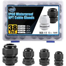XHF IP68 Nylon-Kabelverschraubungen, wasserdicht, NPT-Kabelverschraubungen, Sortiment, 38 Stück, 1/4 Zoll, 3/8 Zoll, 1/2 Zoll, 3/4 Zoll, UL-gelistet und RoHS-konform, Kabelzugentlastung, Schwarz
