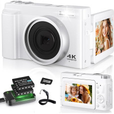 Skaitmeninis fotoaparatas 4K, 48MP 16X automatinio fokusavimo skaitmeninis priartinimo fotoaparatas, 3 colių 180° apverčiamas LCD ekranas HD kompaktiškas Vlog fotoaparatas su įkrovimo stotele, 2 x 800 mAh baterijos, 32GB kortelė pradedantiesiems, vaikams
