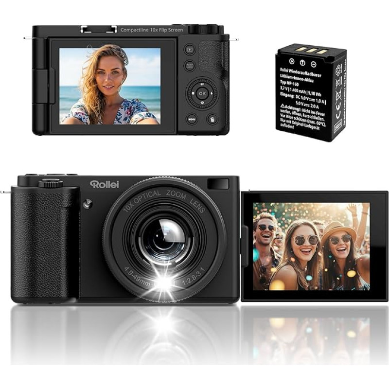 Rollei Compactline 10X Flip Screen Digital Camera 64MP 4K Camera 10X Optical Zoom Selfie Camera with 180° Flip 2.88 Inch Screen for Teens Beginners Digital Camera