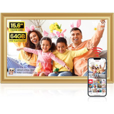 Digital Photo Frame, 15.6 Inch Display, 64 GB Memory, Frameo App Compatible, Gold