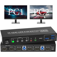 HDMI KVM jungiklis 2 kompiuteriams 2 monitoriams 4K @ 60Hz, USB 3.0 KVM jungiklis dviem monitoriams su EDID funkcija, su garso išvestimi ir 3 USB 3.0 prievadais, darbalaukio valdymui pridedami 2 USB 3.0 kabeliai