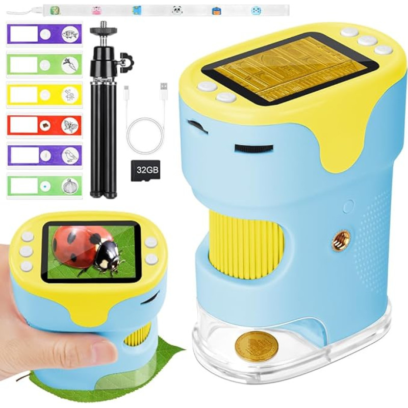AXFEE mikroskopas vaikams, 1000X nešiojamasis kišeninis mikroskopas su šviesos diodu, mini mikroskopas su 2,0 colių LCD ekranu 4K, 6 filmais, 32 GB atminties kortele ir trikoju, skirtas vaikams ir suaugusiesiems (mėlynas)