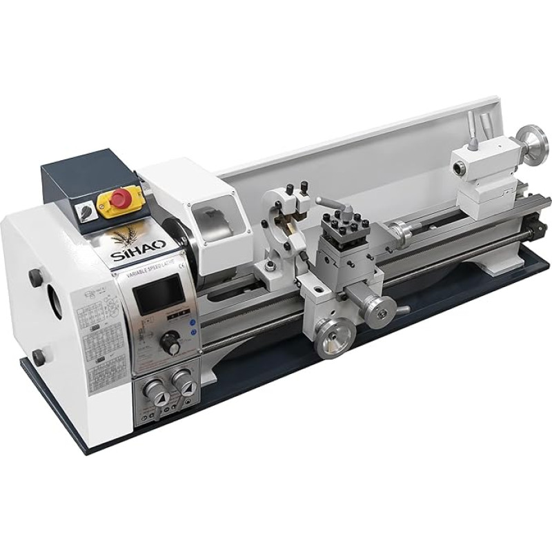 1200 W mini metalo tekinimo staklės 220 x 600 mm Mini stalinė metalinė pavara su įrankių laikikliu ir centro laikikliu, su greičio ekranu, su šepetėliu, kintamo greičio 0-3000 aps/min.