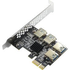 PCIe Riser Card 1 to 4 adapteris, PCIe x1 to 4X USB 3.0 Splitter for Bitcoin Mining - suderinamas su x4/x8/x16 lizdais, Plug & Play, paauksuotos jungtys (be kabelio)