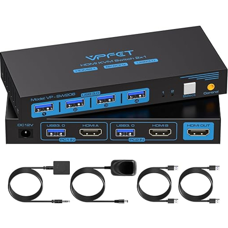 8K@60Hz USB 3.0 KVM jungiklis HDMI 2 prievadų 4K@120Hz KVM jungiklis 2 kompiuteriams, skirtas dalytis 1 monitoriumi, klaviatūros ir pelės rinkiniu, žiniatinklio prieiga ir kietuoju disku Laidinis valdiklis ir 12V/1A