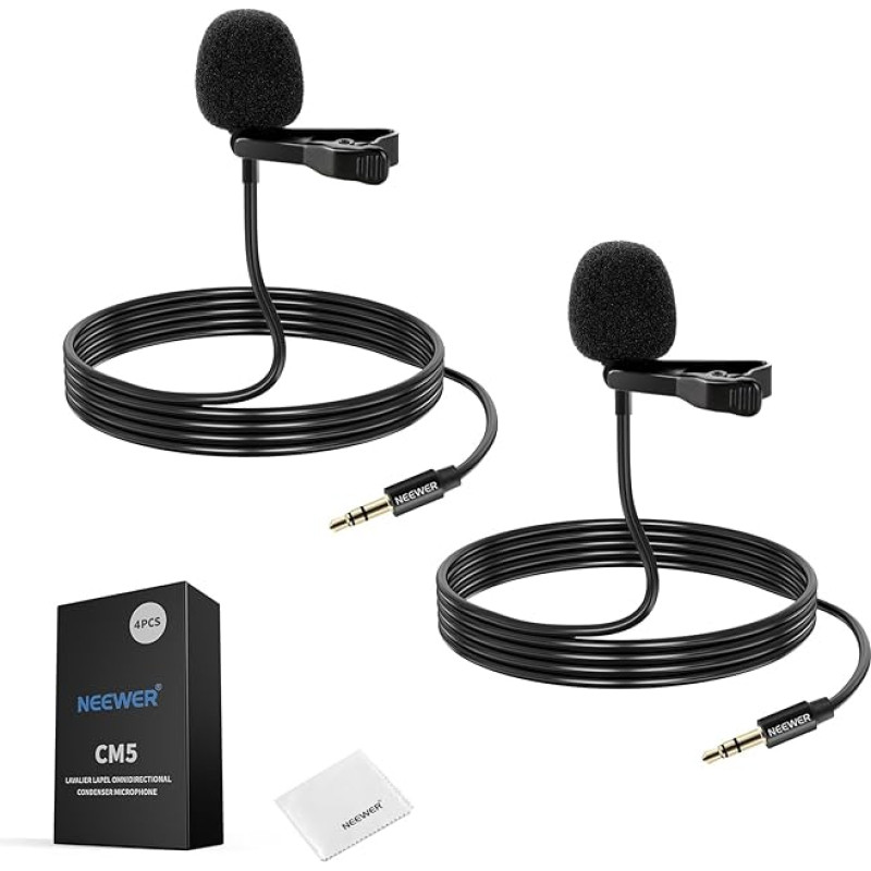 NEEWER CM5 Lav mikrofonas (2 vnt.) 1,2 m ilgio laidinis prisegamas Lavalier Lapel visakryptis kondensatorius 3,5 mm TRS mini mikrofonas, suderinamas su DJI siųstuvu fotoaparatu Rode Wireless GO II 2, 1 x valymas