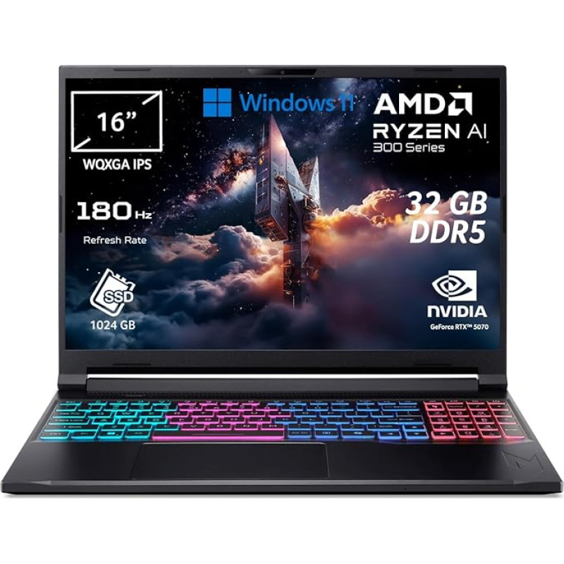 acer Nitro V 16S AI Laptop IA | Žaidimų nešiojamasis kompiuteris | Nvidia GeForce RTX 5070 8GB | Ryzen AI 9 365 | RAM 32GB DDR5 | 1024GB SSD | 16 colių WQXGA IPS 180Hz ekranas | Copilot+ PC | Windows 11 | QWERTY