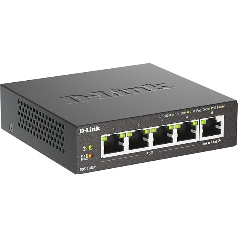 D-Link DGS-1005P maršrutizatoriaus komutatorius, 5 prievadai 10/100/1000 GB, be papildomo maitinimo šaltinio