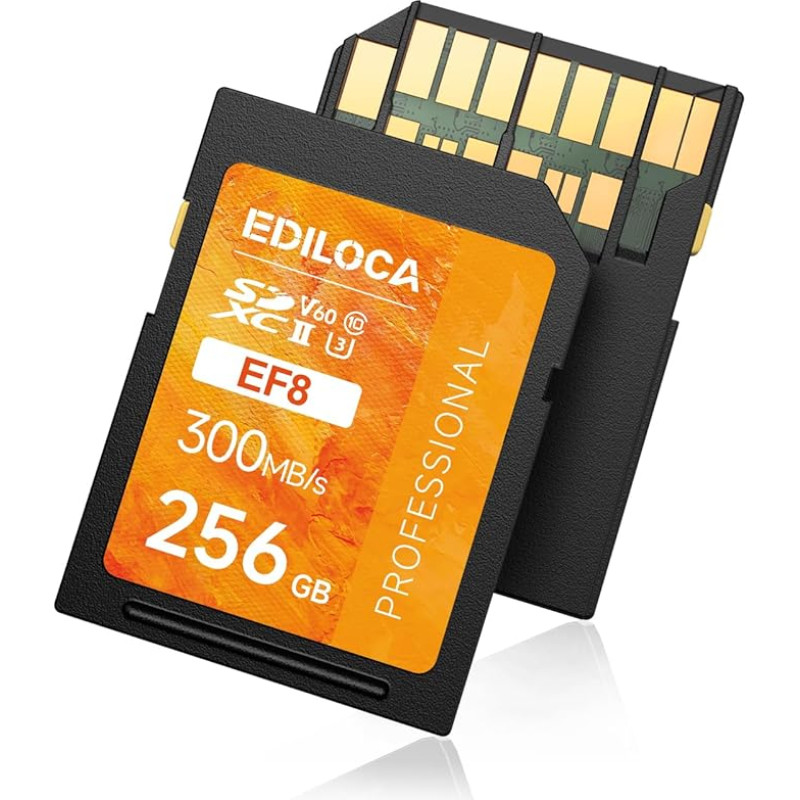 V60 UHS-II SD kortelė 256 GB, SDXC atminties kortelė su iki 300 MB/s skaitymo ir 160 MB/s įrašymo sparta, skirta 4K/6K vaizdo įrašams ir profesionaliai fotografijai (U3, V60, 10 klasės, UHS-II SD kortelė) - EF8_256GB
