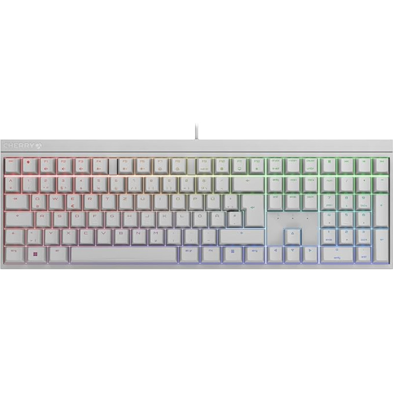 CHERRY MX 2.0S, mechaninė žaidimų klaviatūra su RGB apšvietimu, vokiškas išdėstymas (QWERTZ), laidinė, sukurta Vokietijoje, MX2A RED jungikliai, balta