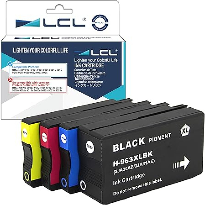 LCL 963XL rašalo kasetė, suderinama su HP 963XL 963 XL didelio našumo (juoda, žydra, purpurinė, geltona, 4 vnt.) Suderinama su HP Officejet Pro 9010 9012 9013 9014 9015 9016 9018 9019 9020 9022 9025
