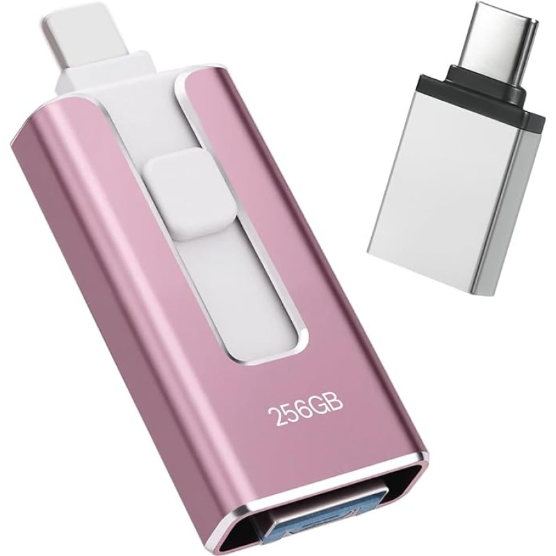 USB atmintinė iPhone 256GB, [MFi Certified] 4-in-1 USB atmintinė Lightning Stick iPhone, suderinama su iOS/Android/PC, USB 3.0 【Be programėlės】, skirta atsarginėms nuotraukų ir vaizdo įrašų kopijoms kurti, rožinė