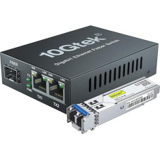 3 Ports 1.25G Media Converter with 1 SFP Port + 2 RJ45 Ports, Packed with a 1000Base-LX Module, 1000Base-LX to 10/100/1000Base-Tx, up to 20-KM