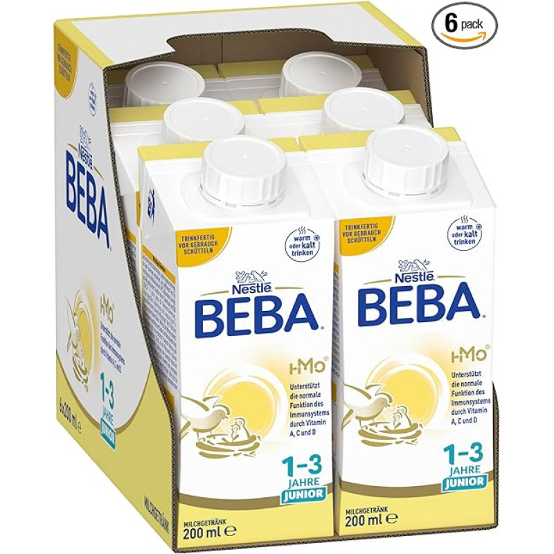 BEBA Junior 1-3 metų amžiaus pieno gėrimas su HMO, su amžių atitinkančiu baltymų kiekiu, be palmių aliejaus, be žuvų taukų, mažylių maistas, 6 vnt. (6 x 200 ml)