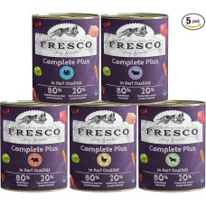 FRESCO Dog NassBarf Trial Pack 5 x 800 g Šunų ėdalas šlapias be grūdų iš arklių, ėrienos, jautienos, vištienos ir kalakutienos, mono baltymų ir 80 % šviežios mėsos, drėgnas ėdalas šunims iš Vokietijos