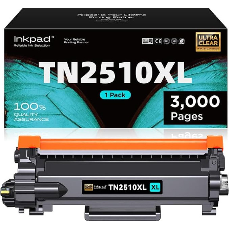 iNKPAD TN-2510XL toneris, suderinamas su Brother TN2510XL, skirtas MFC-L2800DW MFC-L2835DW HL-L2400DW DCP-L2620DW DCP-L2627DW DCP-L2660DW spausdintuvui (1 juodas)