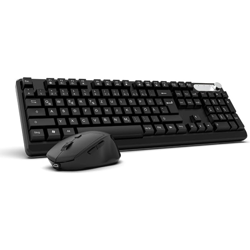 Belaidės klaviatūros ir pelės komplektas, įkraunamas, tylus, su C tipo ir USB imtuvu - inca IWS-549U Belaidė QWERTZ pilno dydžio klaviatūra su 106 klavišais ir 1600 DPI tyliąja pele, suderinama su daugialypės terpės sistema, 