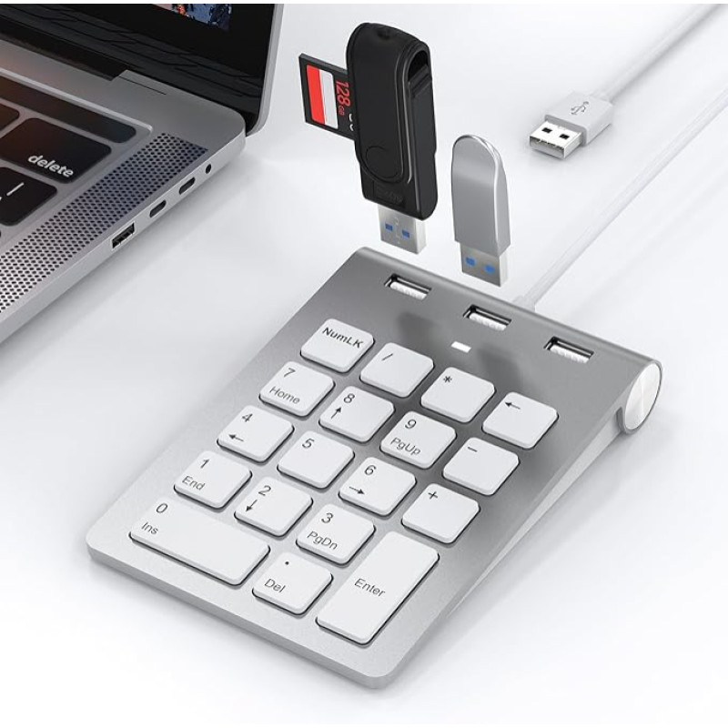 Numerių klaviatūra USB laidinė klaviatūra ir USB šakotuvas su 3 prievadais, NumLock funkcija, itin plonas klaviatūros prailginimas, 18 klavišų, 0,5 m ilgio kabelis, 3 USB 2.0 prievadai, skirti nešiojamiesiems kompiuteriams, kompiuteriams