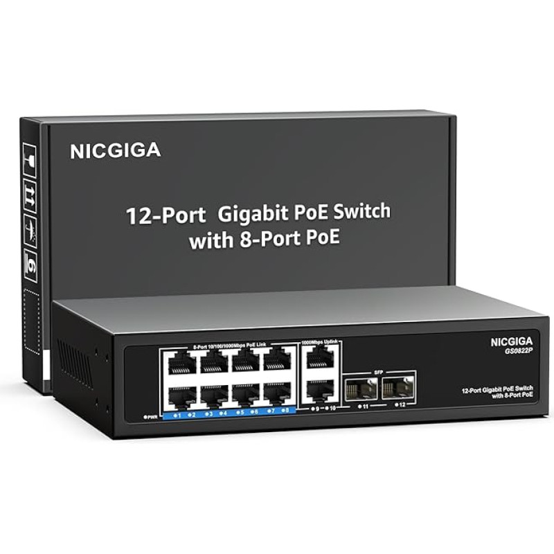 12 prievadų Gigabit PoE komutatorius, nevaldomas, su 8 prievadais IEEE802.3af/at PoE+@120W, 2 x 1000Mbps Uplink + 2 x 1G SFP, NICGIGA 8 prievadų tinklo maitinimo per Ethernet komutatorius, montuojamas ant darbastalio / sienos
