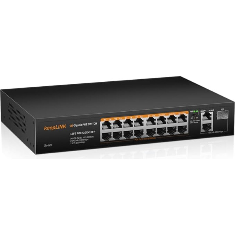 18 prievadų PoE komutatorius su 16 100Mb/s PoE+ prievadų, 240 W, 2 Gigabit Uplink prievadai, 1 1000Mb/s SFP lizdas, IEEE-802.3af/at, tvirtas metalinis korpusas, be ventiliatoriaus, Plug and Play