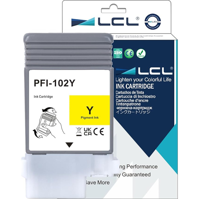 LCL PFI102 geltonos spalvos rašalo kasetė, suderinama su Canon PFI-102 PFI-102Y, skirta Canon imagePROGRAF iPF500 iPF510 iPF600 iPF605 iPF610 iPF610 iPF650 iPF655 iPF700 iPF710 iPF710 iPF720 iPF720 iPF750 iPF755 iPF760 iPF765