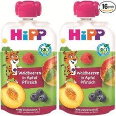 HiPP Bio Quetschie Waldbeeren in Apfel-Pfirsich - Thilo Tiger (8 x 100g), ab 1 Jahr, 100% Fruchtpüree, ohne Zuckerzusatz, vegan, in bester Bio-Qualität (Packung mit 2)