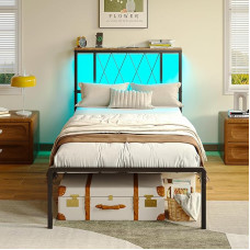 IRONCK Bed 90 x 200 cm with LED Lighting, Bed Frame 90 x 200 cm with Socket, 1 USB, 1 Type C Connections, Metal Bed with Headboard and Storage Space, Youth Bed, Single Bed with Metal Slatted Frame