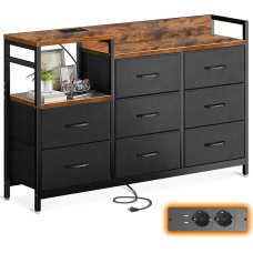 ODK Komoda su stalčiais, 2 USB ir 2 kintamosios srovės lizdai, 8 stalčiai iš audinio, tinka daugiafunkcinei stalčių spintai miegamajame ir gyvenamajame kambaryje, 132 x 30 x 88 cm, senovinė ir juoda spalva