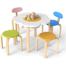 FANTASK Children's Wooden Table with 4 Chairs, Children's Table Chair Set with Storage, Children's Furniture Set in Flower Shape, Craft Table Wood for Toddlers from 3 Years