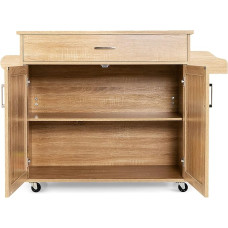 FANTASK virtuvės vežimėlis su stalčiais ir spintelėmis, medinis serviravimo vežimėlis su ratukais, vežimėlis su rankšluosčių laikikliu, prieskonių lenta ir reguliuojama lentyna, virtuvės spintelė (natūralus)