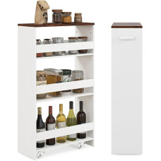 FANTASK Niche Shelf, Kitchen Trolley with Handle & Railings, Bathroom Shelf, Wood, Serving Trolley on Wheels, 4 Levels, Narrow for Kitchen and Bathroom, 47.5 x 33 x 80.5 cm (White + Brown)