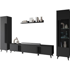 Mirjan24 Hailea II svetainės kambario komplektas, svetainės spinta, spinta komplekte: Lentyna, vitrina, sieninė lentyna, televizoriaus lentynėlė (juodas grafitas, be apšvietimo)