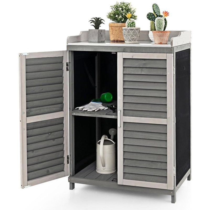 RELAX4LIFE Medinė sodo spintelė, sandėliavimo spintelė su metaliniu stalviršiu, 3 varstomomis durimis ir 2 lentynomis, įrankių spintelė su 2 skersinėmis durimis, medinė spintelė sode, balkone, terasoje, 67 x 47 x 100 cm