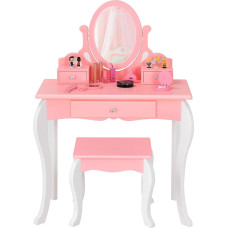DREAMADE 2-in-1 vaikiškas tualetinis staliukas su taburete ir nuimamu veidrodžiu, princesės tualetinis staliukas Medinis kosmetinis staliukas su 3 stalčiais vaikams, mergaitėms nuo 3 metų (rožinis)