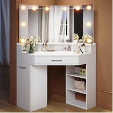 Kampinis tualetinis staliukas su atlenkiamu veidrodžiu, W 110 x D 54 x H 141,5 cm, apšvietimas, 3 apšvietimo režimai, reguliuojamas ryškumas, tualetinis staliukas su stalčiais ir atvira daiktadėže, baltos spalvos