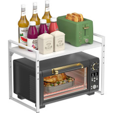 Adjustable Microwave Rack 2-Tier Expandable Standing Kitchen Microwave Stand Shelf Made of Steel, Baker's Rack Microwave Holder Organiser for Toaster Hot Air Fryer, White