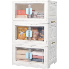 3 Pack Stapelbare Aufbewahrungsbox mit Rollen Aufbewahrungsbehälter mit Deckel Klappschrank Stapelboxen Rollregal Faltbare Aufbewahrungsbox mit Türen für Büro Haus 50 L Pro Ebene