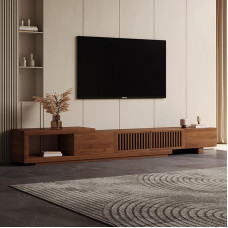 Vidurio amžiaus moderni televizoriaus spintelė, skirta 80+ colių televizoriui, ištraukiama televizoriaus lentyna su laikymo erdve (nuo 198 cm iki 262 cm), riešutmedžio spalvos namų pramogų centras, skirtas svetainei, miegamajam