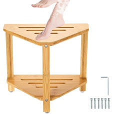 Shower Footrest 37.8 cm Wooden Shower Stool Storage Shelf with Storage Shelf, Waterproof Shower Stool for Small Indoor Shower Rooms, Shaving Legs, Hair
