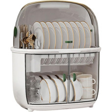 Zweistufiges Geschirrtrockengestell Mit Magnetischen Klappen Und Staubschutzhaube, Platzsparende Geschirrorganisation For Küchenarbeitsplatte Und Kleine Räume, Haushalts- Und Cafégebrauch(Gray)