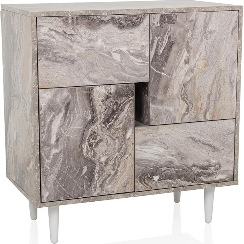 LYKKJA Komoda su stalčiais ir durelėmis, spintelė svetainei, miegamajam, prieškambariui, 72 x 39,5 x 77 cm, balta/marmurinė