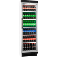 MBH - Vertikale weiße Ausstellungskühlvitrine 358 Liter mit Glastür für die Gastronomie. Gekühlter Flaschenkühlschrank für Getränke.