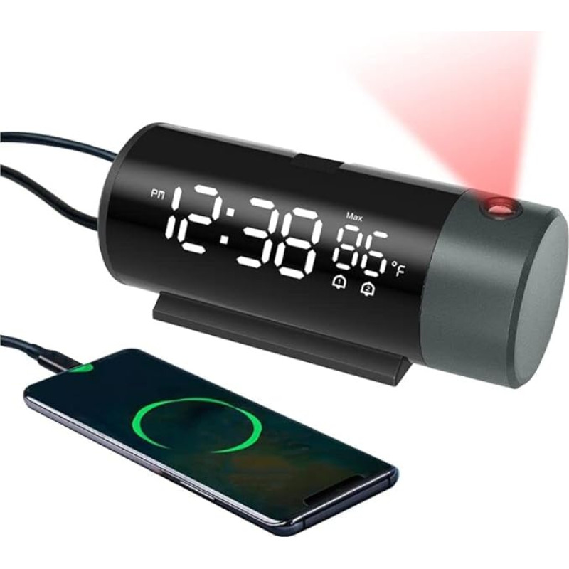 FanJu Digital Projection Alarm Clock with Temperature and Time Projection, for Bedroom, with USB Port, Brightness Automatically Adjust, 12/24H, Two Alarm Clocks with Snooze